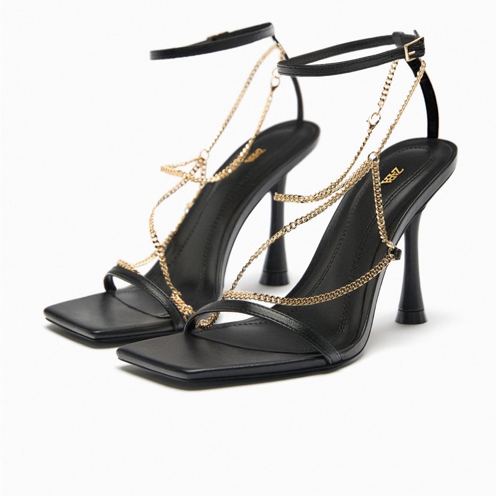 Zara Chain Trim Heeled Leather Sandals